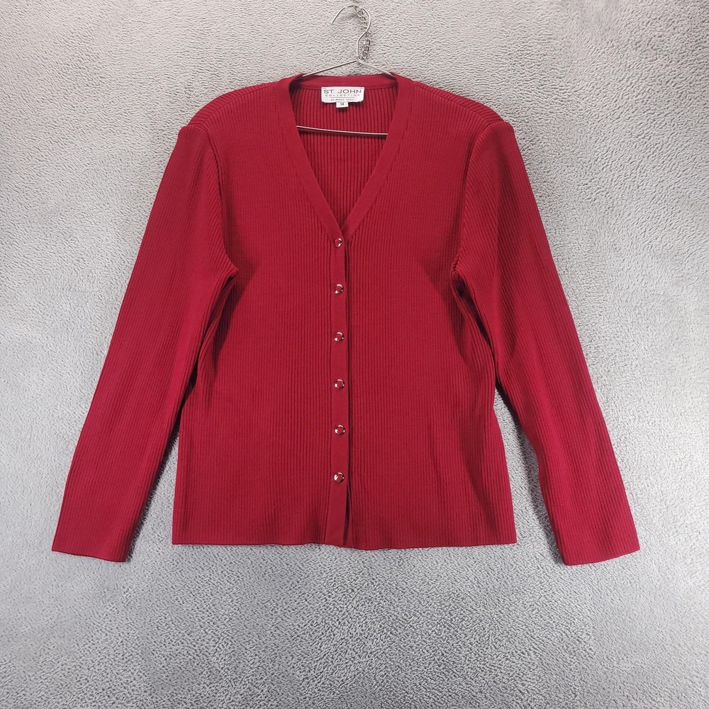 St. John Cardigan Sweater Womens 14 Red Ribbed Knit Button Front Made in USA